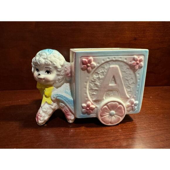 Vintage Kitsch Anthropomorphic Baby Lamb Pulling Cart Planter Japan - Picture 1 of 10